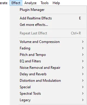 Audacity Effect menu with Plugin Manager and audio processing categories