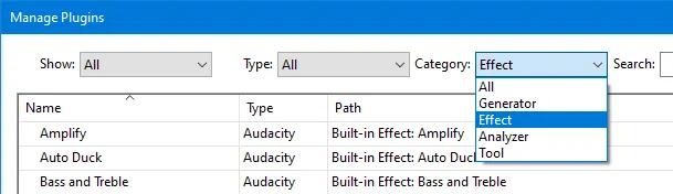 Audacity Plugin Manager category selector showing effect and generator options