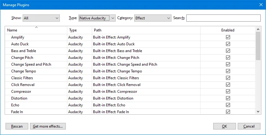 Audacity Plugin Manager dialog showing effects that can be managed inside Audacity without MuseHub