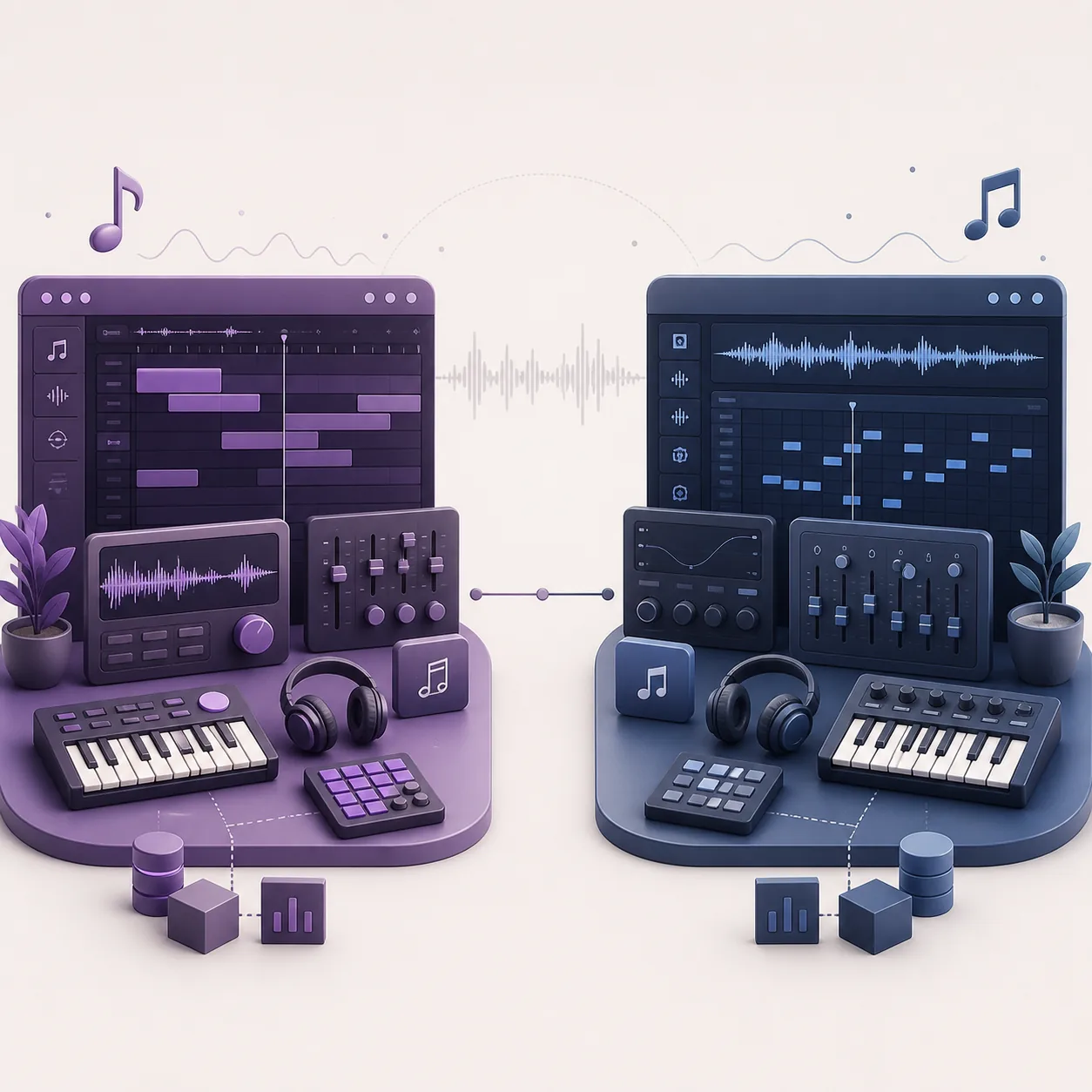 Abstract illustration showing separate music software account environments connected by a neutral bridge