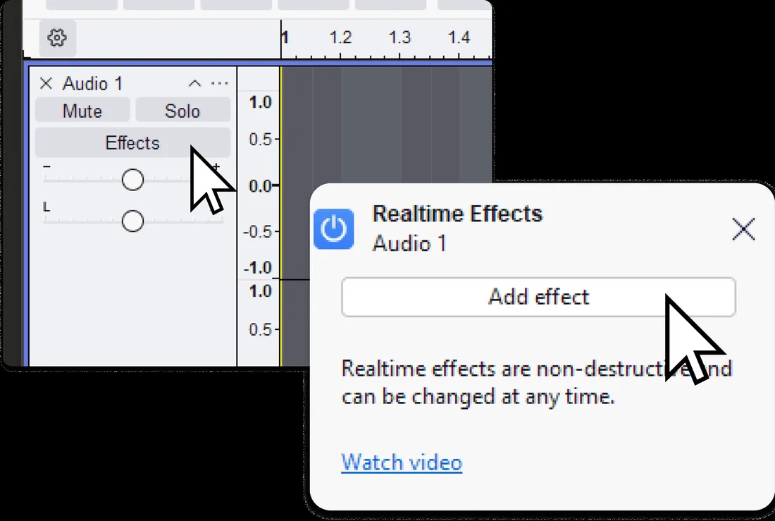 Botão de efeitos da faixa do Audacity abrindo efeitos em tempo real