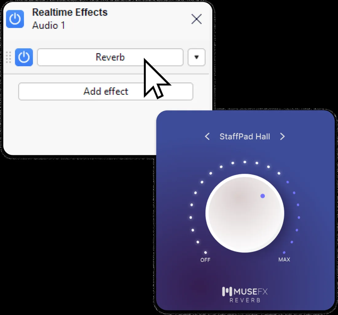 MuseFX Reverb selecionado nos efeitos em tempo real do Audacity