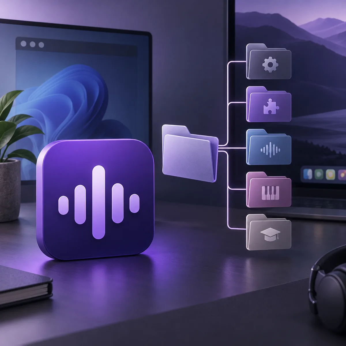 Icona viola MuseHub accanto a un albero di cartelle per applicazioni, plugin, loop, strumenti e corsi
