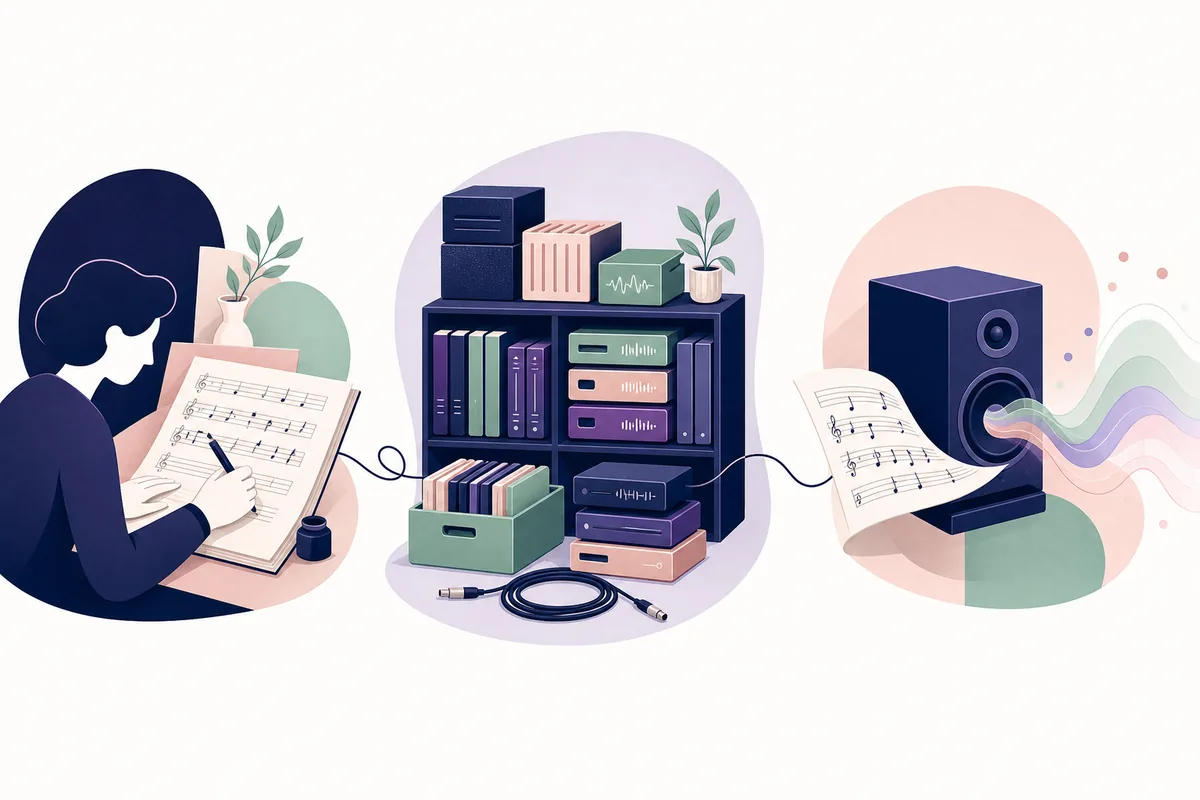 Illustrazione concettuale di composizione, gestione dei suoni e riproduzione di una partitura