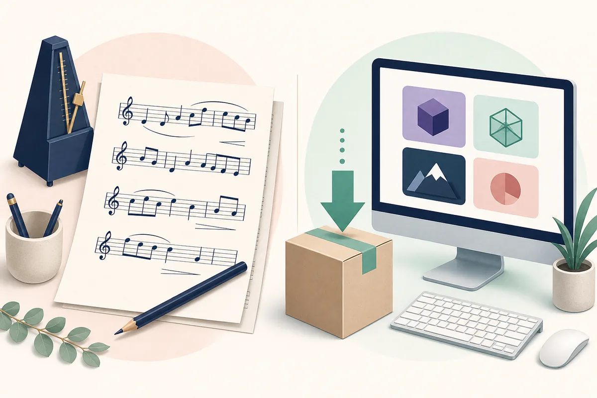 Illustrazione comparativa con uno spartito musicale e un gestore di distribuzione software