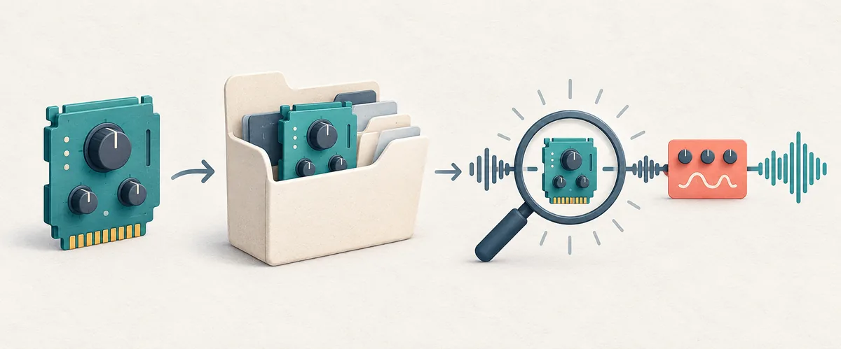 Illustration of checking a plug-in format, its folder, and REAPER's scan before adding an effect