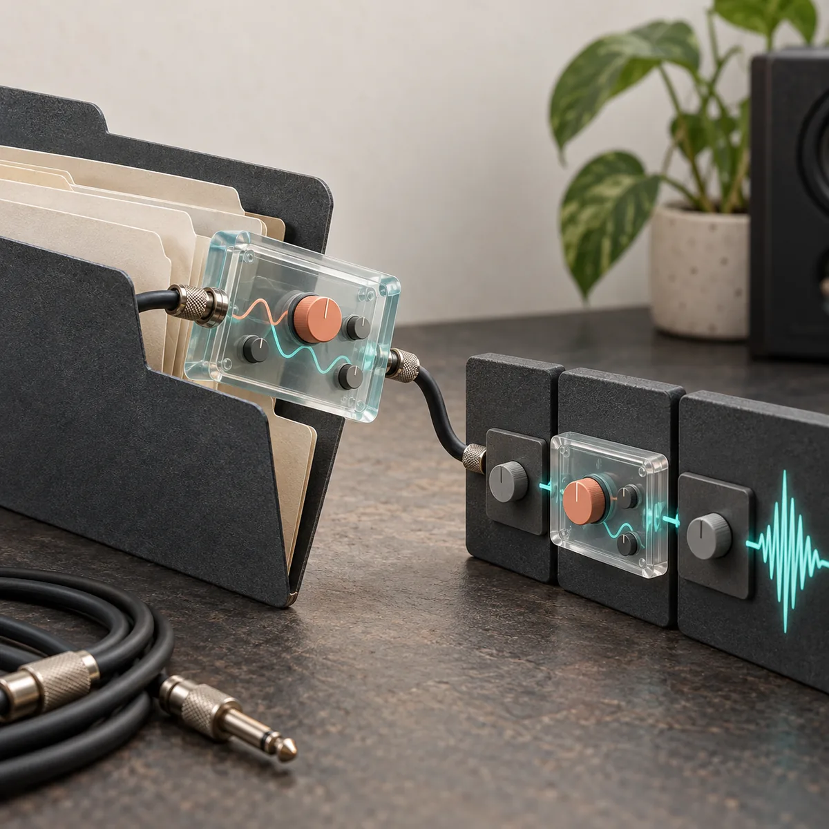 Editorial illustration of an audio effect moving from a shared plug-in folder into an audio signal chain
