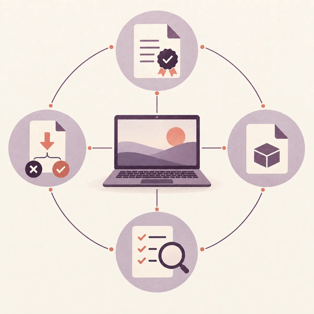 Editorial diagram showing source, installer, permission, and review checks for MuseHub safety
