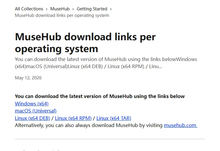 Pagina ufficiale MuseHub con link Windows macOS e Linux