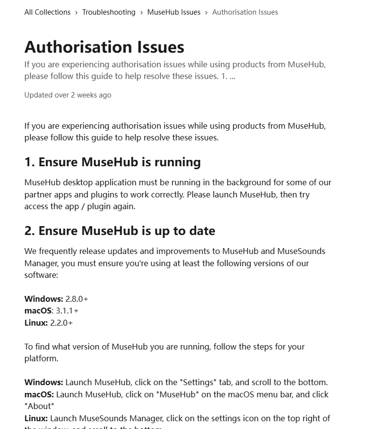 Pagina ufficiale MuseHub con versioni minime Windows macOS e Linux