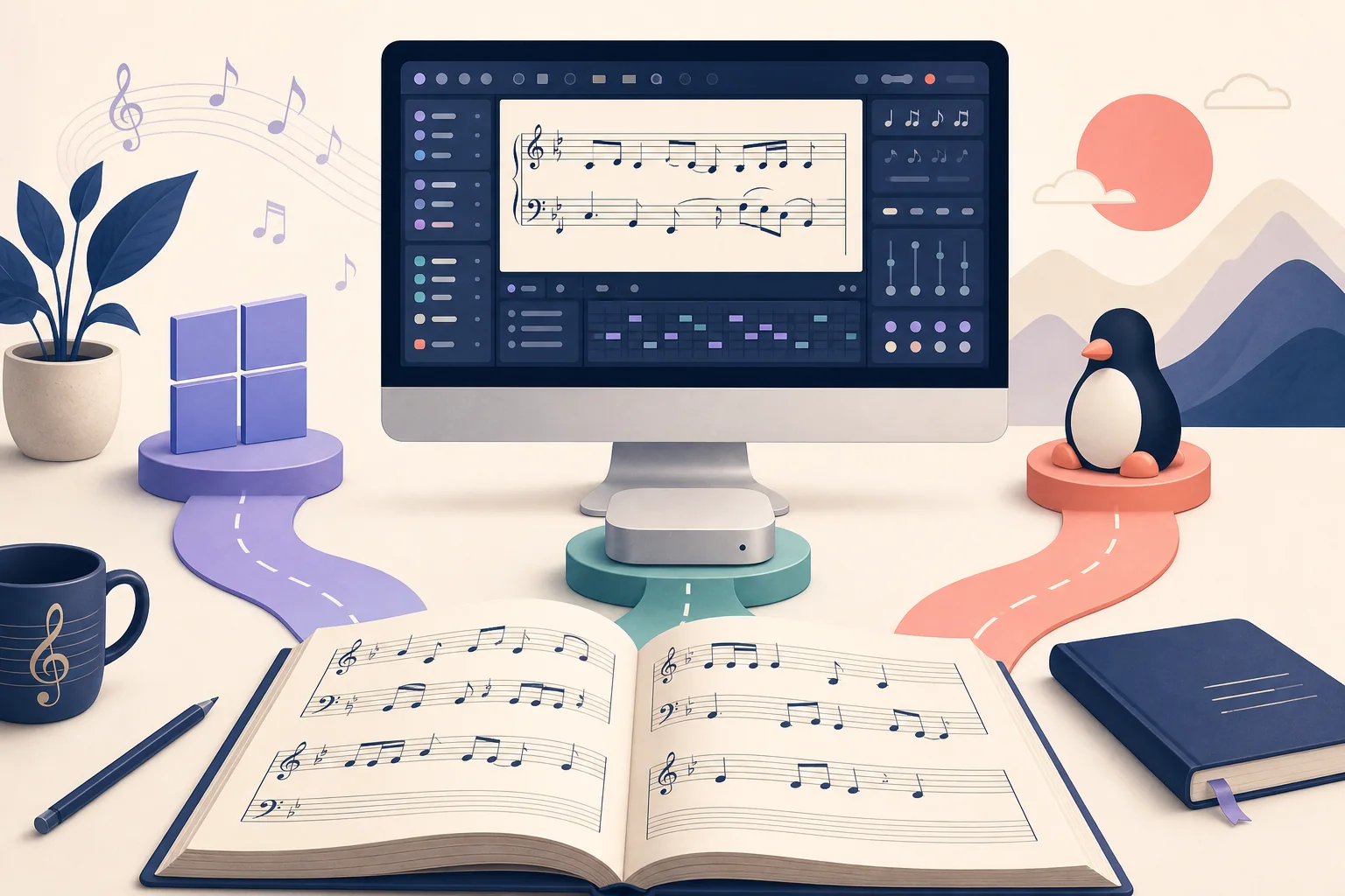 Editorial illustration of sheet music, a notation computer, and separate Windows, macOS, and Linux download paths
